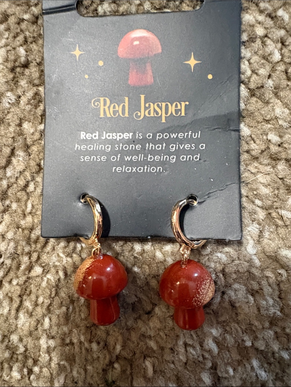 Red Jasper Mushroom Drop Earrings with Gold Hoops